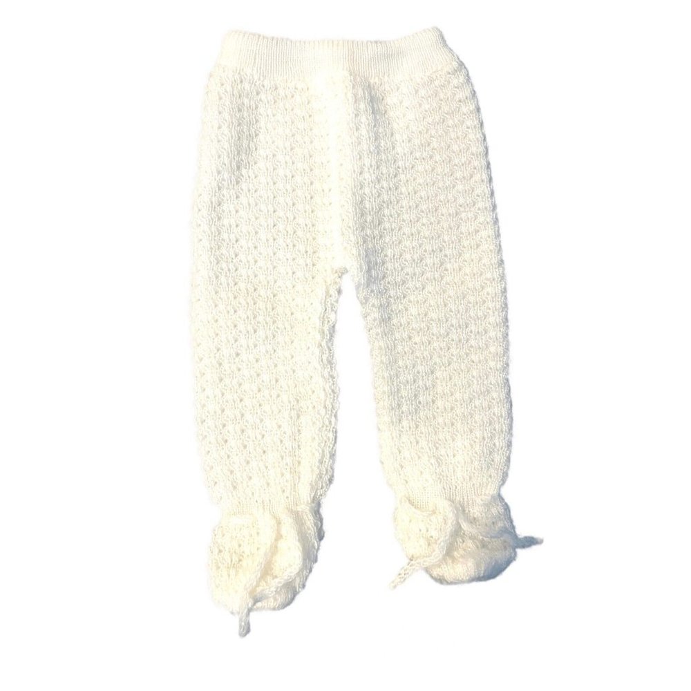 Vtg Italy Knit New Born Baby Layette Ribbon Sweater Pants White Wedding Baptism - Picture 9 of 15
